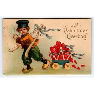 Valentine Postcard Unsigned Ellen Clapsaddle Dutch Boy Hauls Hearts Wagon 1909